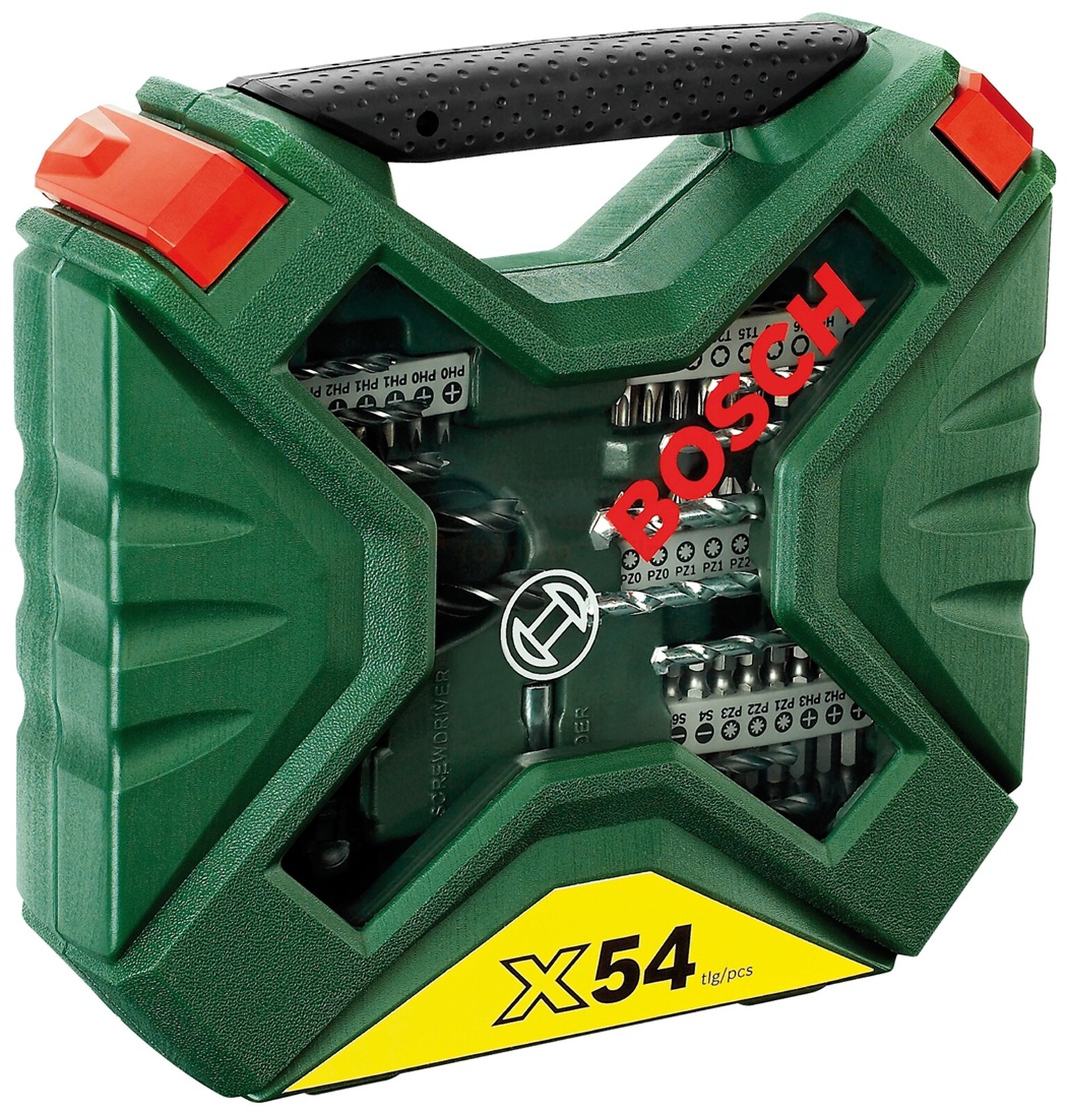 Pildil on 54-osaline Boschi tarvikute komplekt, mis on pakitud rohelisse karpi, millel on punased detailid ja must käepide.